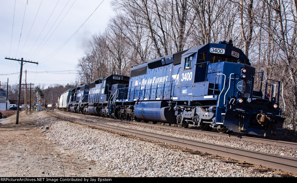 Three EMD's leads EDPO (East Deerfield to Portland, ME) east through Shirley